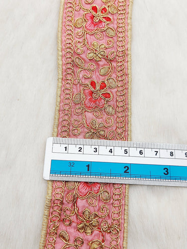 Pink Art Silk Trim In Gold, Red and Pink Floral Embroidery, Embroidered Flowers Border